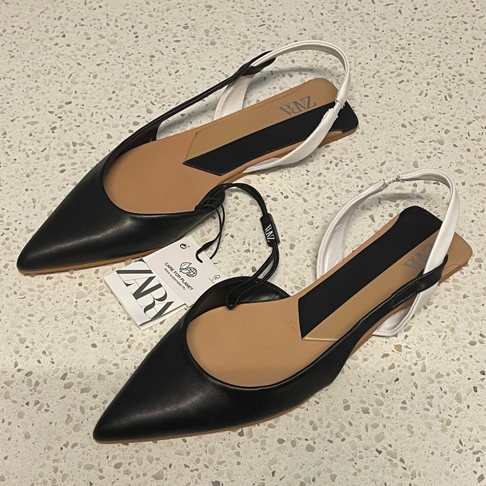 ZARA Flat Slingback shoes Black White Color block 7.5 NEW with tags Chic